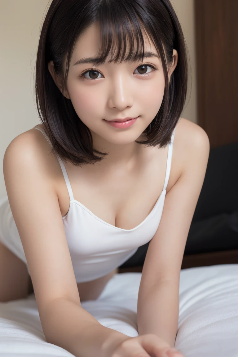 masutepiece, Best Quality, One girl, (Beautiful Girl:1.3), (16 years old:1.2), Very fine eye definition, (Symmetrical eyes:1.3), NSFW, (Put out ?????, Cute sleeveless:1.3), Beautiful breasts, Brown eyes, Parted bangs, Brown hair, Upper teeth,Bedrooms,A smile,profile,Transverse breasts,Angle seen from the side,Fold your hands behind your back,