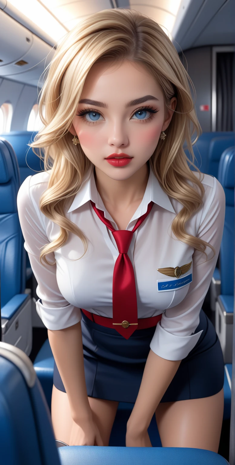 Russian, chubby cheeks, stewardess, serious face