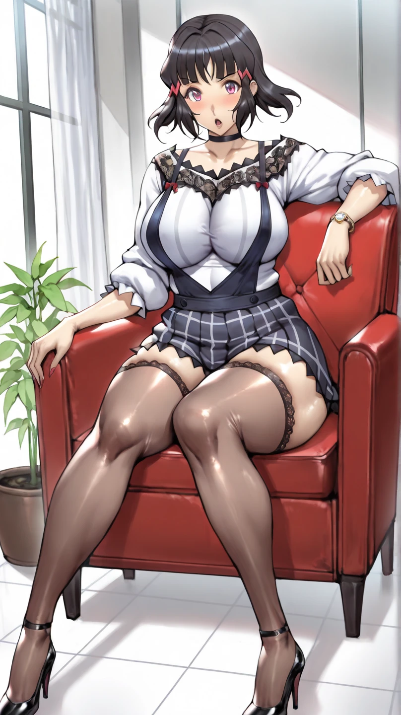 (Highest quality, Super detailed, Anime Images, Game CG, art CG, Realistic, Cinema Lighting, Perfect Shadow, Realistic lighting shades, unity 8k wallpaper),Large sofa,Hiroko Takashiro,Redhead,Large Breasts,Long Hair,(Purple eyes), Earrings, shirt, Jacket, Black knee socks, (Purple garter belt:1.1), zettai ryouiki, Pencil Skirt, , High heels,Perfect Eyes, Perfect Face,Intense masturbation, blush, Embarrassing, smile,The whole body is sweating,Big Breasts,Ahegao,