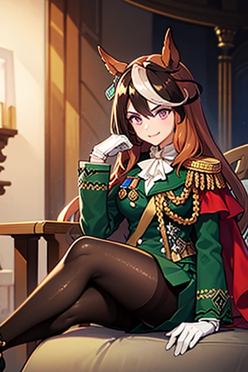 masterpiece, best quality, close up, face shot,
symboli rudolf \(umamusume\), sitting chair, smile, looking at viewer,
red cape, epaulettes, aiguillette, medal, green jacket, long sleeves, white gloves, white ascot, buttons, double-breasted, belt, green skirt, frilled skirt, dress, zettai ryouiki, gold trim, black thighhighs,
<lora:sybmoli_rudolf_locon_0.99:0.6>