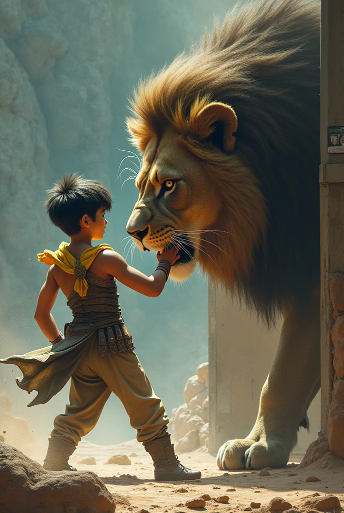 in 3d,The Childhood of Prithviraj Chauhan: An illustration of young Prithviraj Chauhan tearing a lion's jaw with his bare hands, showcasing his bravery and strength.