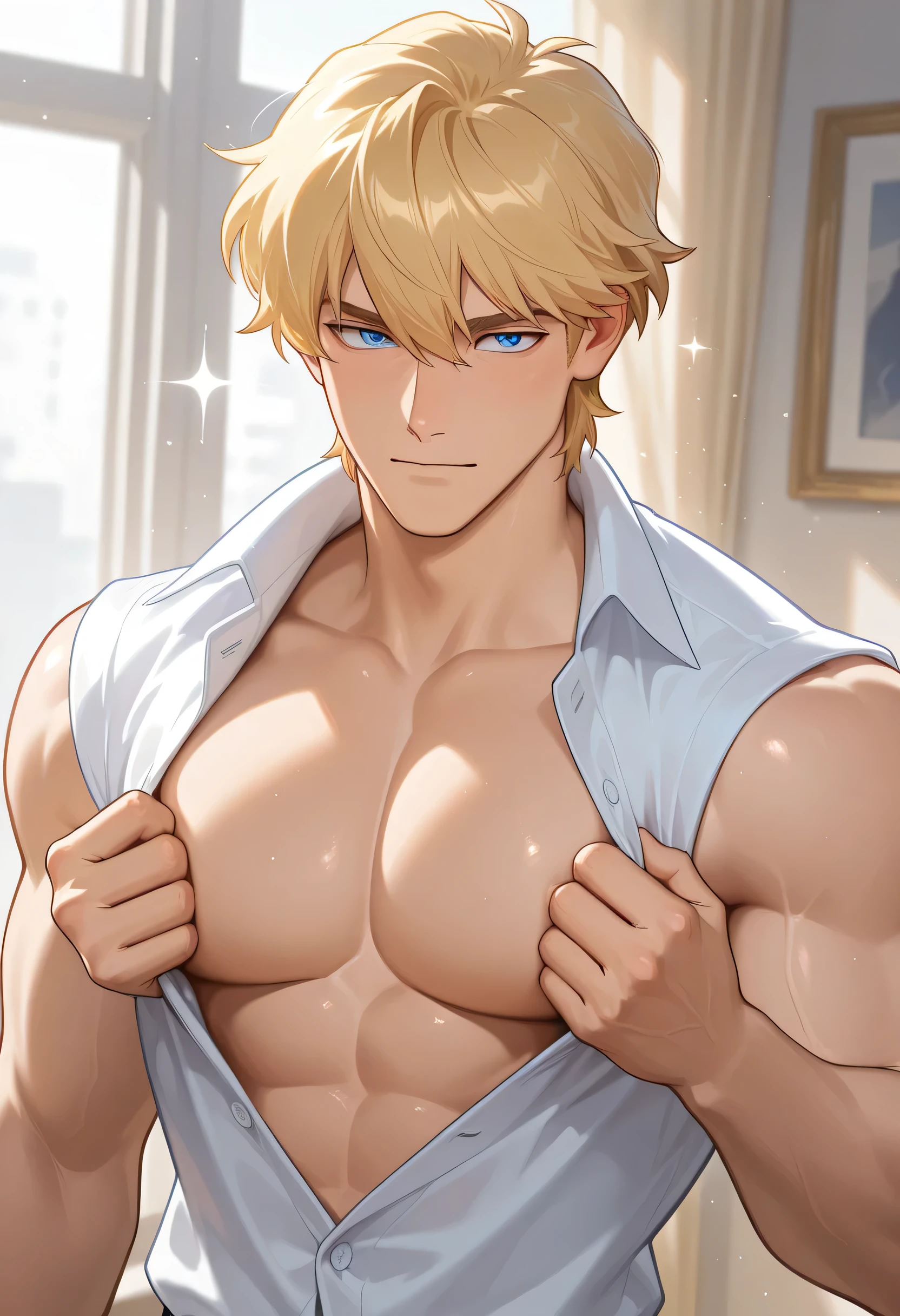 Handsome anime guy 20 years old, unbuttoned shirt, biceps, inflated chest , blue eyes, blond, sexy pose , everything sparkles, Shimmers