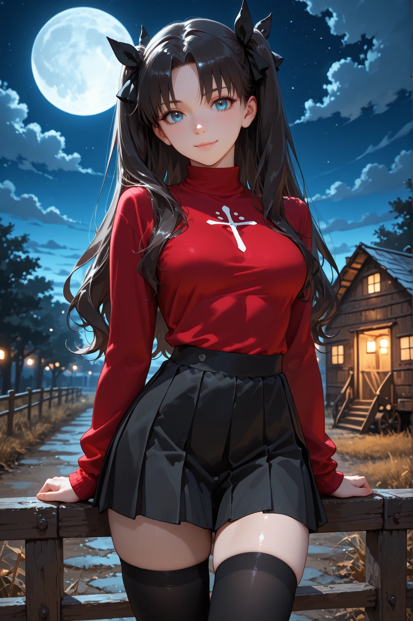 1girl, Tohsaka Rin, black hair, long hair, blue eyes, two side up, bangs, hair ribbon, parted bangs, medium breasts, black hair ribbon, pullover, turtleneck, center chest emblem, red pullover, black skirt, pleated skirt, black thighhighs, outdoors, night, in the countryside, moon, clouds, standing, looking at viewer, gentle smile, pretty, sexy, attractive, sexy pose, masterpiece, ultra detailed, very aesthetic