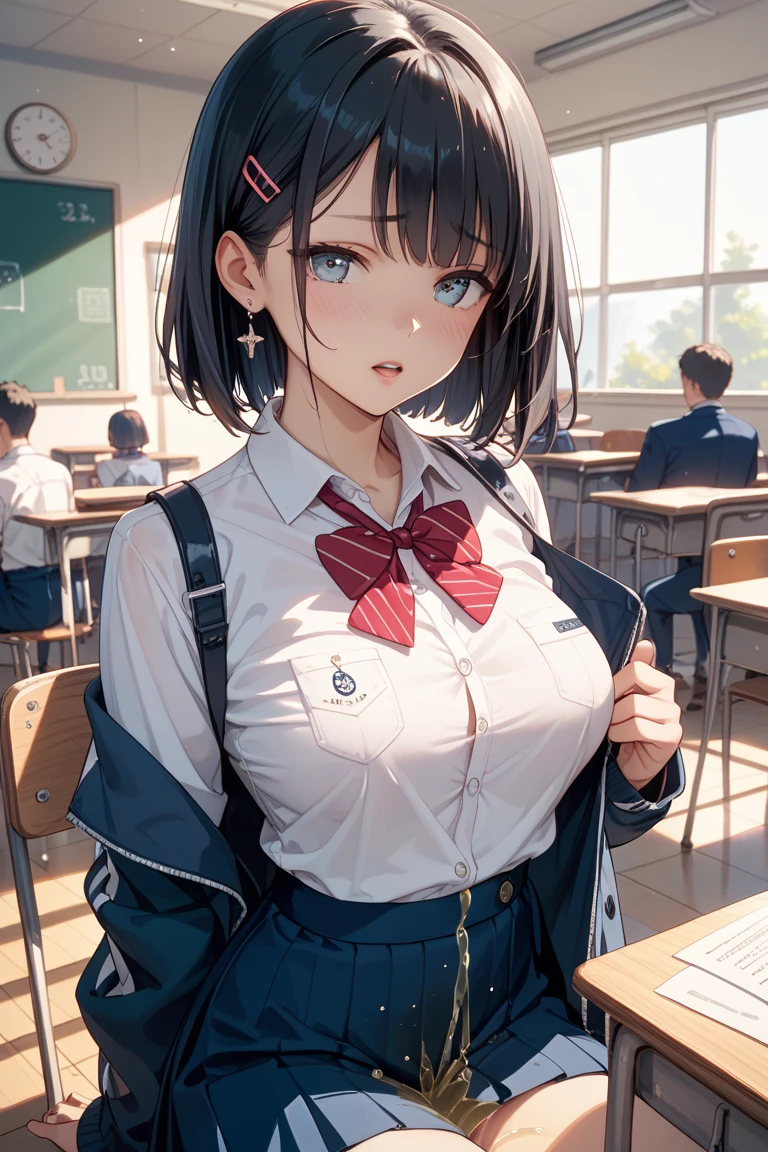 (masterpiece, best quality), nsfw, 1girl, sitting, from side, upper body, (breast squeeze:1.2), clasp, holding bra:1.3), arm support, looking at viewer, (sideways glance:1.3), clothes pull BREAK girl, 15 yo, (:1.5), black hair, (medium long hair:1.2), bobcut, (hair between eyes:0.5), (straight hair:1.3), grey eyes, ultra detailed eyes, (huge breasts:1.2), hanging breasts, (tareme:1.3), sleepy, (half-closed eyes:1.1), light smile, parted lips,staring BREAK (school uniform), (white collared shirt, plain pattern shirt, short sleeves, shirt tucked in:1), (red plain pattern neck ribbon, narrow neck ribbon:1.1), (button gap:1.5), (nipple slip:1.3), (white lace bra:1.3),(bra pull:1.3), open clothes, BREAK classroom, window, sunset