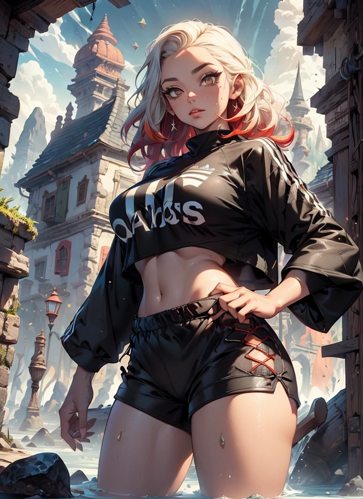(Obra maestra, mejor calidad: 1.2), a girl with Phoenix wings standing in a ring of fire, con ojos rojos brillantes, Phoenix, Flores de loto, rojo oro rosa, sunrise from the mountain in the background, abdomen marcado por ejercicio estetico y bonito