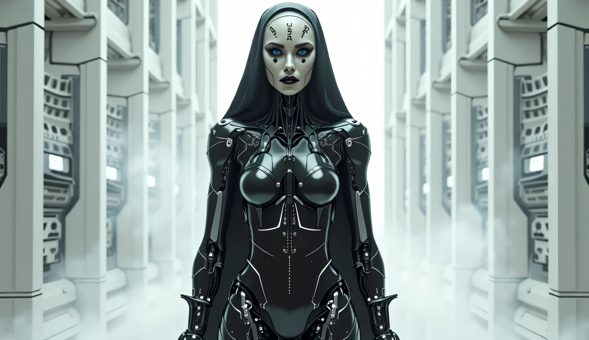 ral-opal, meahophontron, Whole body, Beautiful woman robot face, blue eyes, cyberpunk, devil nun, negro, looking to the camera, nun body clothing, primer plano looking to the camera, realist, Beautiful woman, Cara sexy, black clothes, Gray and blue, blue heels.