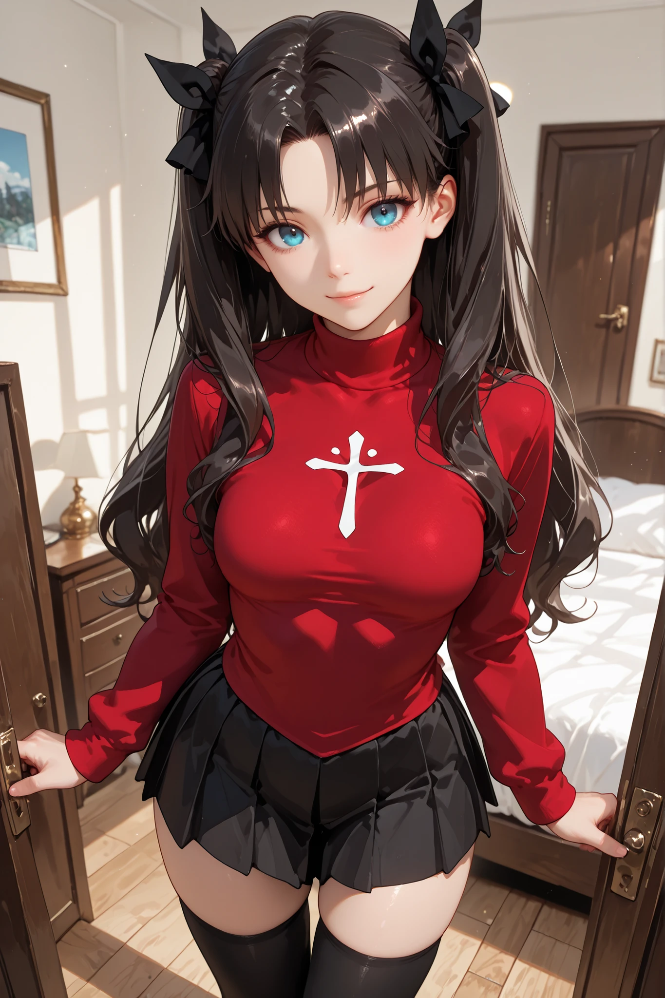 1girl, Tohsaka Rin, black hair, long hair, blue eyes, two side up, bangs, hair ribbon, parted bangs, medium breasts, black hair ribbon, pullover, turtleneck, center chest emblem, red pullover, black skirt, pleated skirt, black thighhighs, home, in the bedroom, standing, near the bed, looking at the viewer, gentle smile, beautiful, sexy, attractive, dynamic pose, masterpiece, ultra detailed, very aesthetic