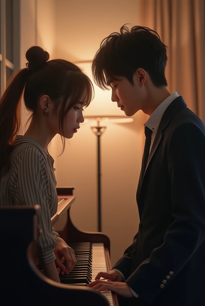 A Korean man with short hair parted in the middle and a Korean woman with long hair are sitting next to each other playing the piano together. Point of view