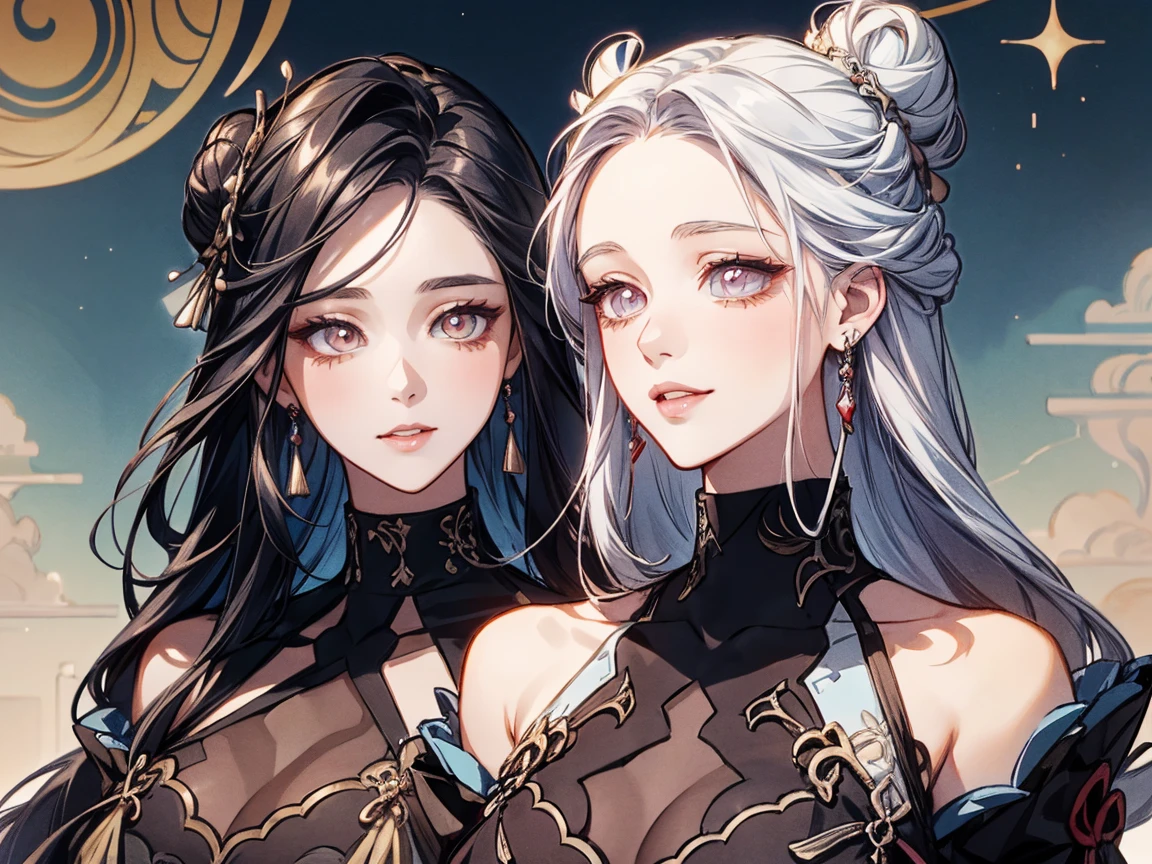 ((1 girl, 独奏:1.5))Night view,star,(White Haired Girl:1.3),((masterpiece))、(detailed)、(Backlight)(A fantastic atmosphere、Ancient Capital、Amazing beauty images、white dust、Light and dance-like、Suspended particles), (Black Dress、Long dress with sleeves、Expose your shoulders、Off the shoulder)、(Gray hair that changes with light、length, Lustrous gray hair、WHITE hair fluttering in the wind)、(Beautiful white and shining skin、Cheek Gloss Highlighter、Sexy and very beautiful and adorable face、The most beautiful face in the world、big, Sparkling Blue Eyes)、(Cute 25 year old girl、small breasts、Great cleavage, Narrow waist、Delicate shoulders、Slim figure)