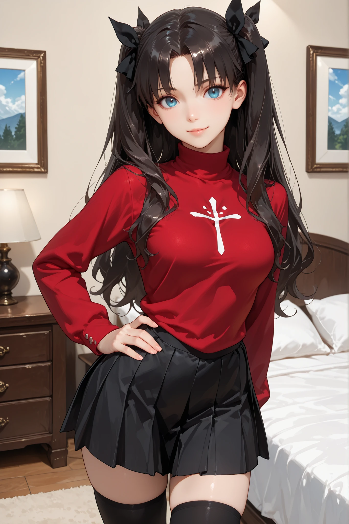 1girl, Tohsaka Rin, black hair, long hair, blue eyes, two side up, bangs, hair ribbon, parted bangs, medium breasts, black hair ribbon, pullover, turtleneck, center chest emblem, red pullover, black skirt, pleated skirt, black thighhighs, home, in the bedroom, standing, near the bed, looking at the viewer, gentle smile, beautiful, sexy, attractive, dynamic pose, masterpiece, ultra detailed, very aesthetic