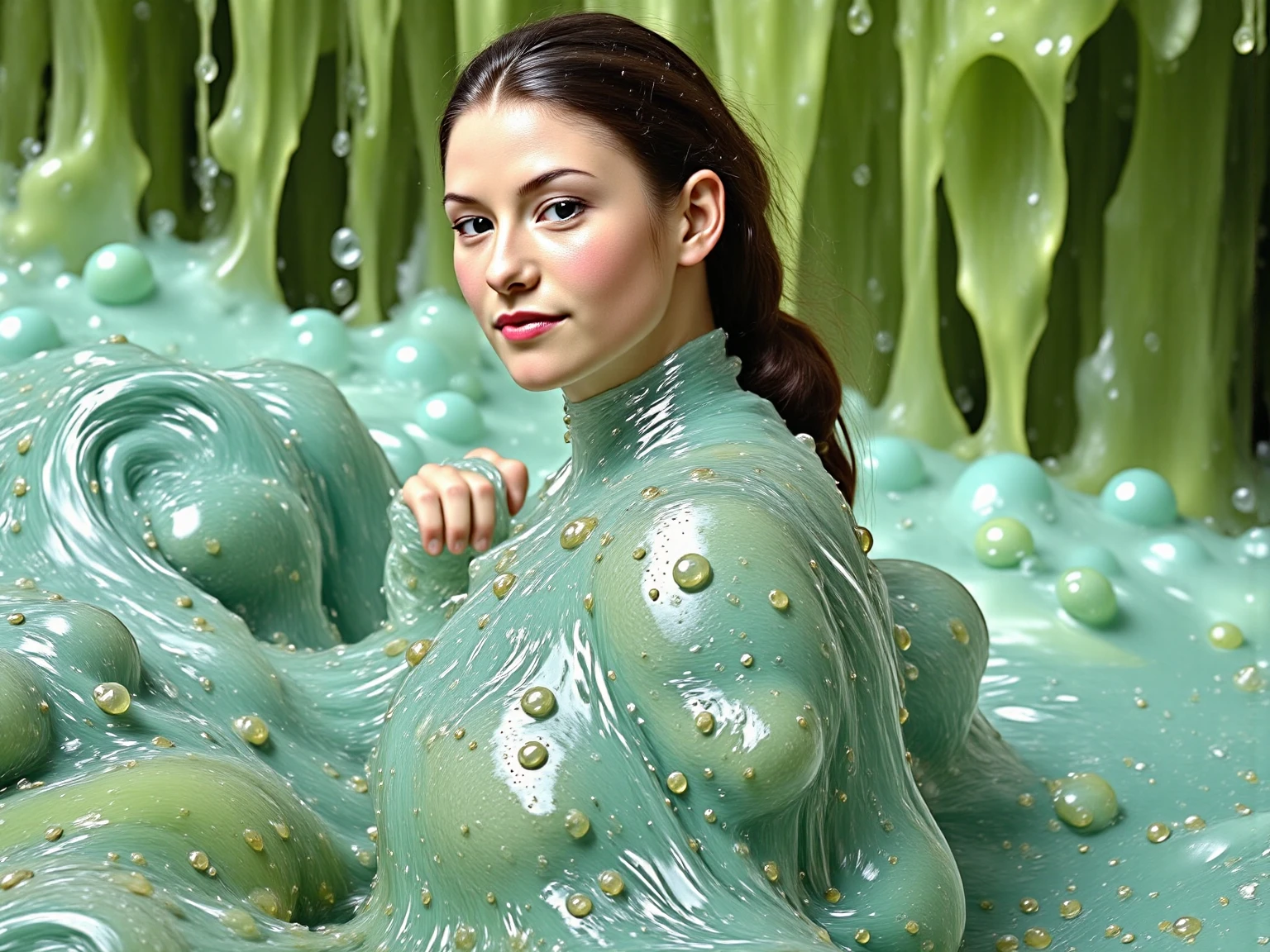 ((Woman inside big flower, gel substancje liquid from flower)),Masterpiece, Best quality,1woman, big green eyes, juicy lips, big lips, slim face, slim nose, miss world face,Perfect body, large breasts, wide hips, (((Vitreous transparent gel coat))) ,In the jungle ,(pantyless),Photorealistic, high resolution, Detailed, Sharp focus, topless, large breasts, ((naked pussy)), Perfect nipples, mamy flowers around woman, white transparent substance liquid from flowers