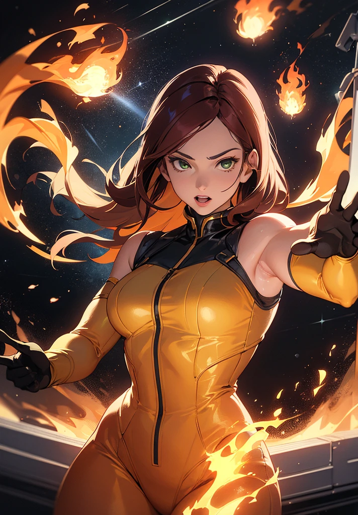 1 woman, solo, brown eyes, cheeky smile, red hair, golden strands of hair in the front, very wavy hair, hair tied in a bun, tight leather suit, high heels, magic, sorceress, holding a layer of fire in her right hand