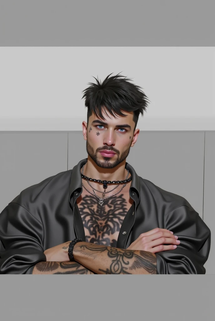 bald man with a purple phone, large symmetrical scar features, fine tips, long spikes, com facial tattoo, strong contour, haircut cut, highly aesthetic, shaved sides, facial tattoo, plaid spiky hair, using spikes and piercings, profile image, shaved temple, profile image, shaved sides short top, heavy body modification