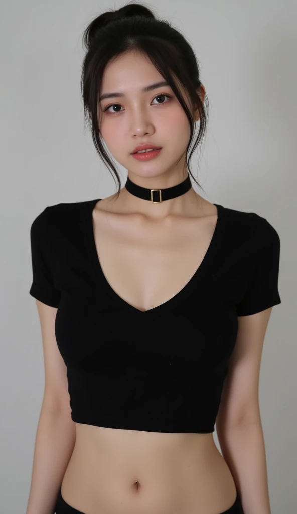 (best quality, realistic:1.37, ultra-detailed), biting her lower lip while closing her eyes, furrowing her eyebrows, face tilting upwards, wearing a blue t-shirt with the name "krisn4", a black choker belt, white modern architecture background, portrait, vibrant colors, melancholic lighting.