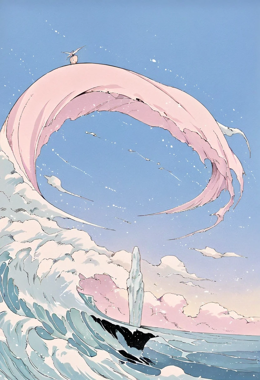 A surreal ocean scene inspired by Moebius, with a large stylized wave rising into the sky like a sculpture, a small human figure standing calmly on the tip of the wave, and a flying machine gliding across the empty pastel sky. Smooth outlines, flat cel shading, minimalistic composition, soft gradient background, poetic atmosphere, precise and clean linework, vivid yet controlled color palette. Emphasis on silence, solitude, and scale.