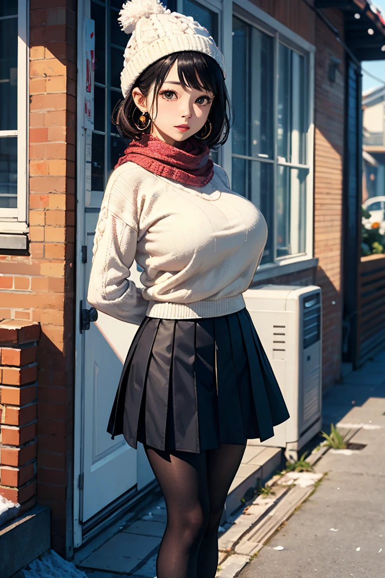 one girl、blush、embarrassed look、perfect anatomy、short bob、small breasts、(((turtleneck、skirt、black knee socks)))、((hair tousled by the wind、messy hair、Broken hairstyle))、(((The wind flips my skirt:1.3、red panties、cute ass)))、focus on the butt、professional lighting, film grain, chromatic aberration, (Eye and face details:1.0), (Bokeh:1.1)、software:1.5)))、 highest quality, 8K, 20talent