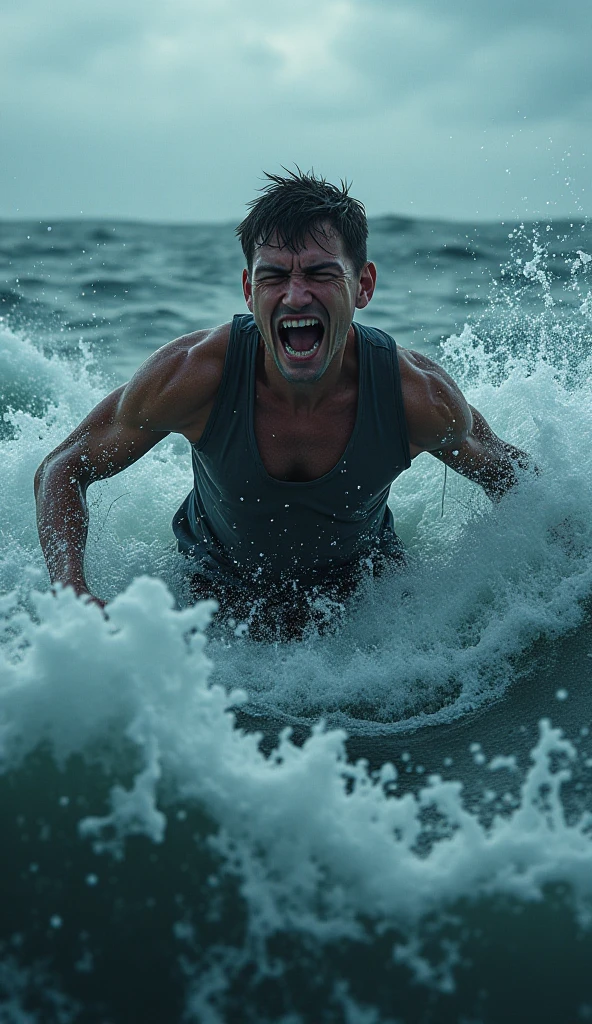 Scene 8: The Young Man Struggles**
   - "The young man is submerged, his face showing desperation as he struggles to breathe. The water creates ripples around him."