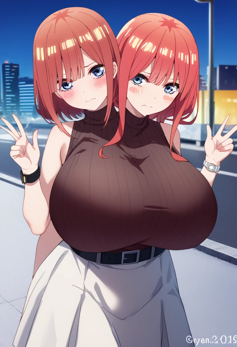 2heads, a short fat woman with 2 heads. She has extremely massive breasts. She looks young. She is wearing a hoodie and leggings. She has pink messy hair in a short ponytail. She is outside in a city during a sunny day. She has gigantic breasts. She is extremely short. She looks chubby. Deep cleavage.