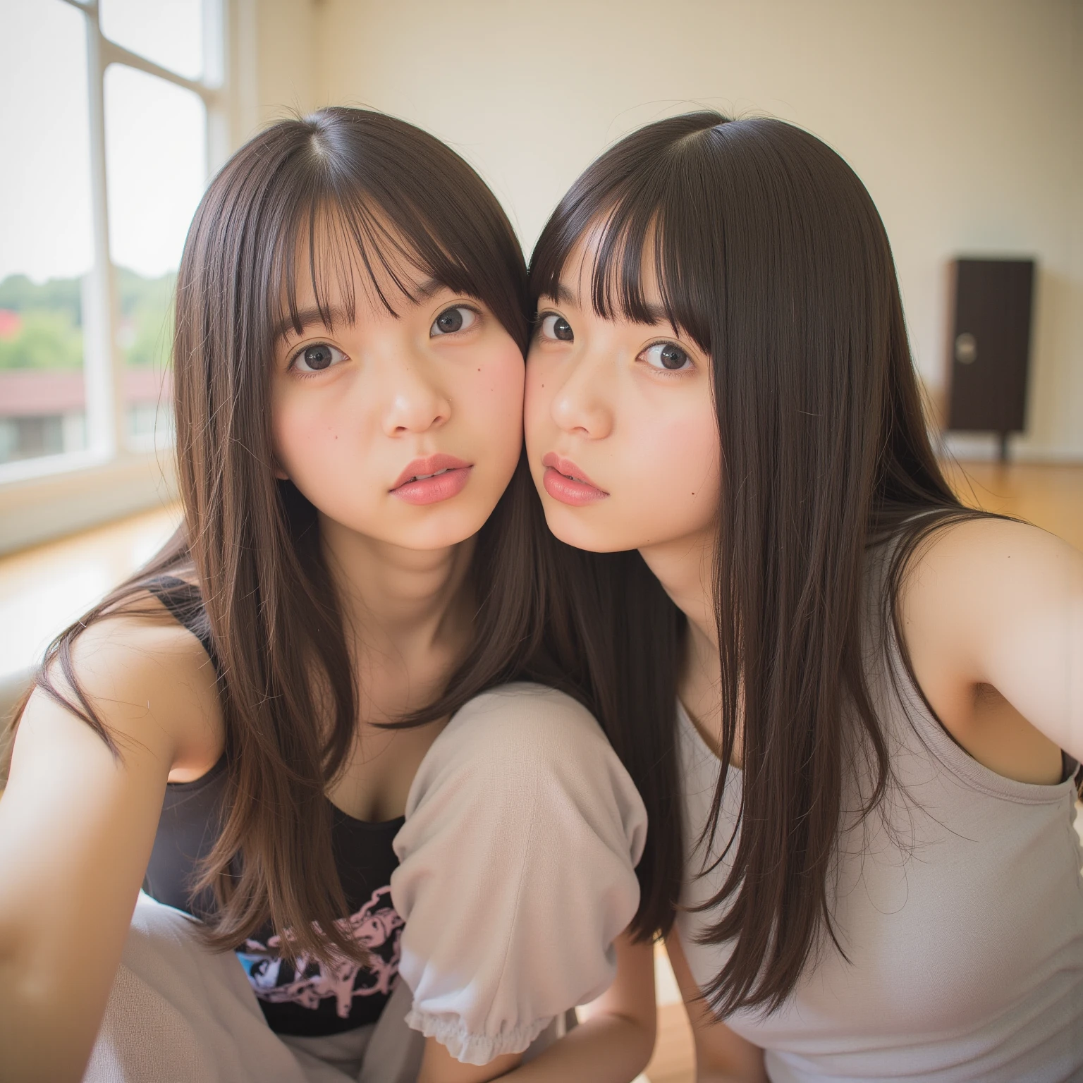 (ultra realistic),best quality, ultra high res,((2 slim girls kissing)), (Tongue kiss:1.2), ( french kiss:0.8),bangs,asian,indoors,detailed face,black thighhighs,yellow eyes,short hair,make up,detailed black hair,detalied eyes, detalied lips, cosplay,showing armpits,blurry window background,jewelry, (PureErosFace_V1:0.8), (ulzzang-6500:0.66) ,
