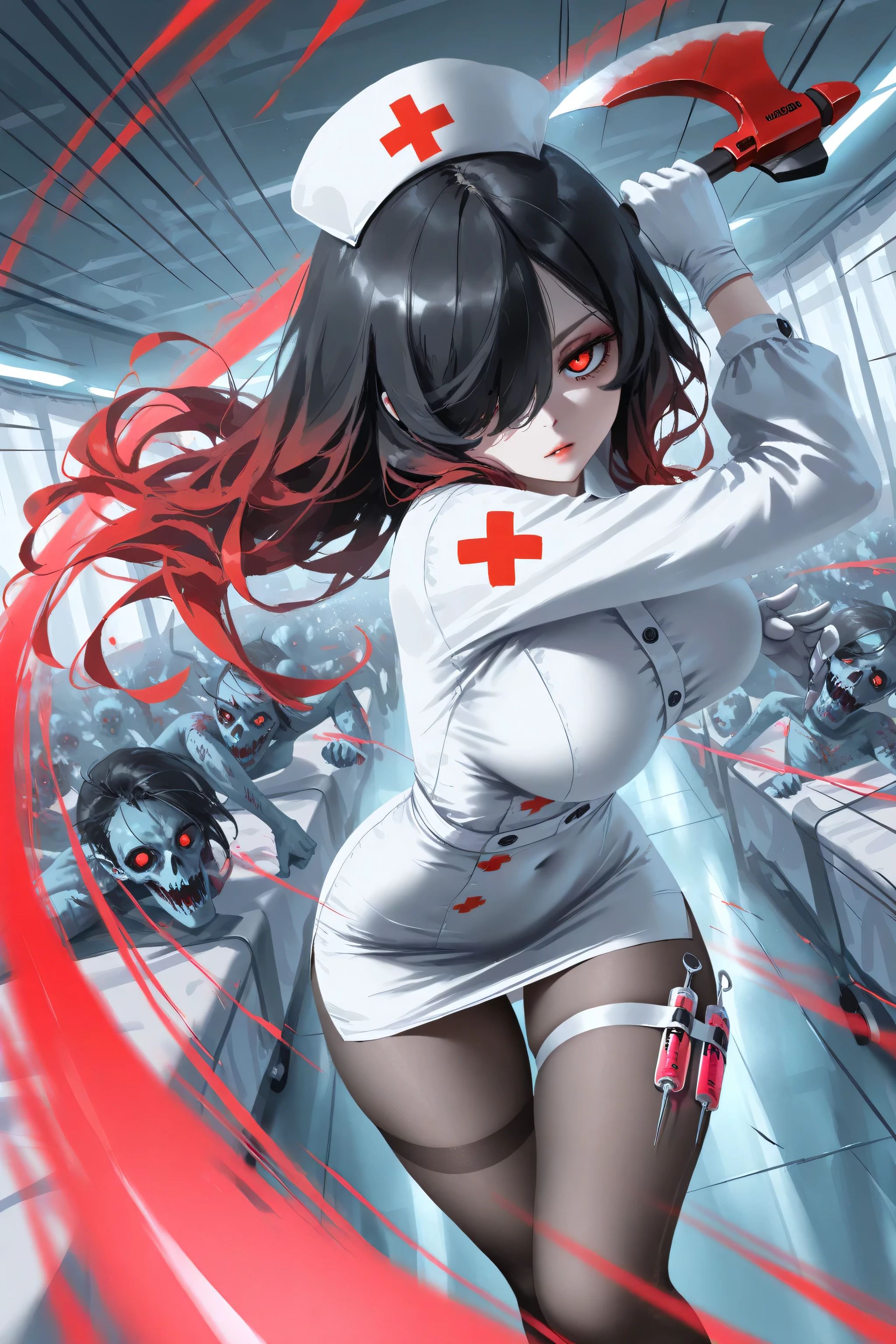 wlop, rella, anime style, 1 girl, Kuroki Monika, red eyes, gradient hair, black hair, red hair, long hair, asymmetrical hairline, hair over right eye, ((large breasts)), (petite but curvy), very cute, lovely , nurse outfit,, miniskirt, cleavages , torn stockings , sleeved gloves, firefighters axe on hand, stance,thigh band, syringe on thigh band squinting eyes, (holding axe:1.2), energy, (((slashing viewer, many slashing lines))), cool pose, dynamic pose, motion lines, glowing movement lines, dynamic angle, action scene, motion blur, masterpiece, best quality, amazing quality, very aesthetic, absurdres, newest, dynamic concentration line, perspective, zombie apokalypse, hospital, zombies around