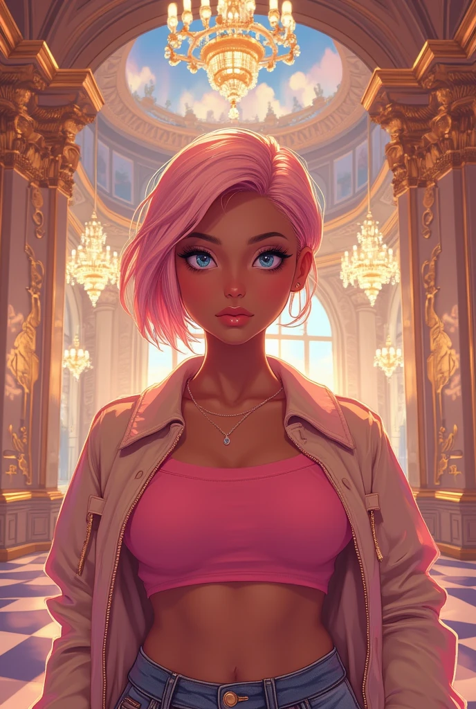 score_9,score_8_up,score_7_up, 1girl, dark skin, pink hair, brown eyes,
