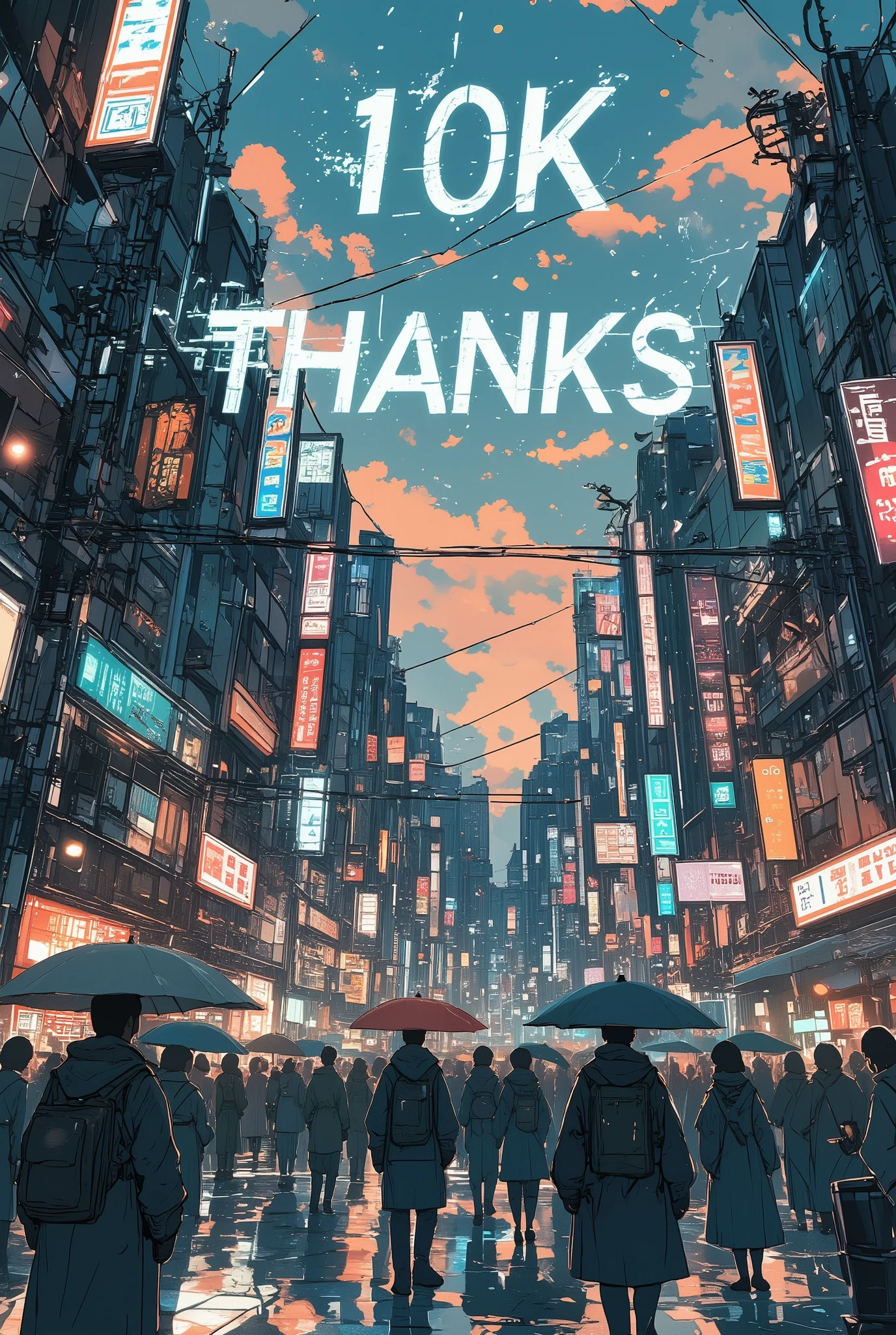 photo-realistic cinematic scene, a bustling city street at dusk, crowds of people walking with umbrellas and neon lights glowing, but in the sky above, a glitched holographic message "10K THANKS" floats in fragments, flickering softly, no one in the crowd notices it, all heads are down or facing away, only the message lingers quietly above, surreal and lonely atmosphere, subtle digital distortion in the air, inspired by magical realism and unnoticed signals, ultra detailed, masterpiece, best quality, aidmamj6.1