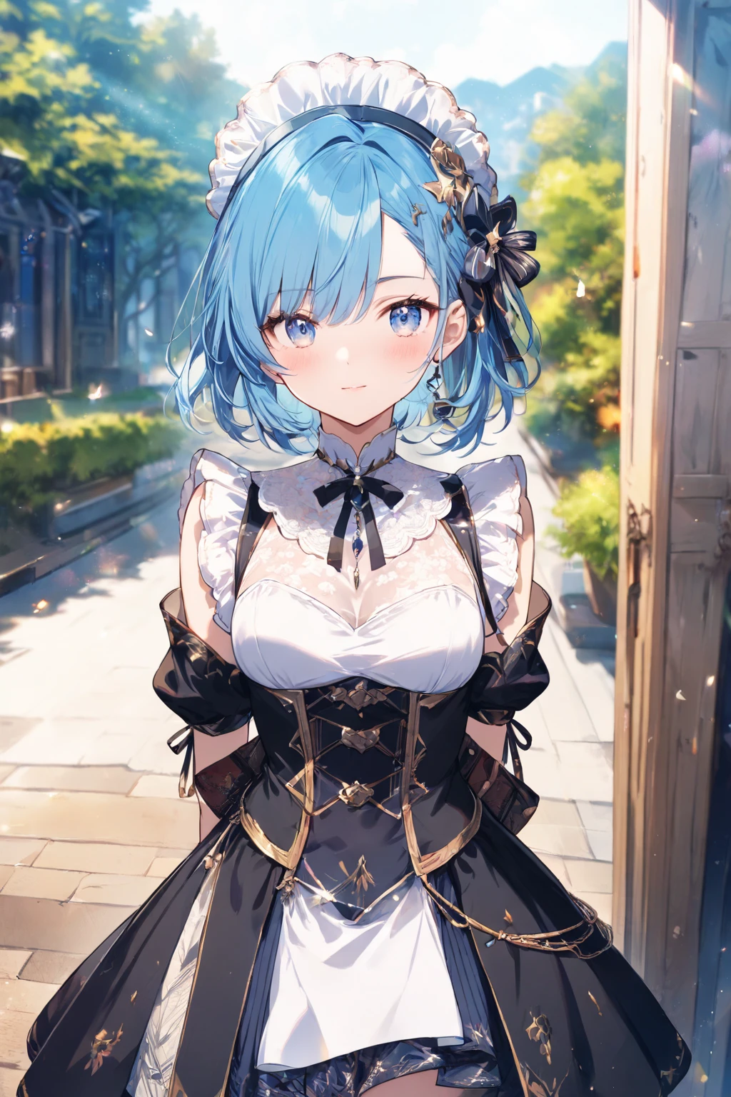 Anime Moe Art Style,highest quality,High resolution,Anatomically correct,One Girl,Mid-teens,A girl with light blue hair in a ponytail,Super detailed,Fantasy-style world,Glamorous Dress,Big Breasts,A rich expression,Bright smile,Laughing with your mouth open,Put one hand on your hip,Model standing,Inside the palace,Focus on the upper body,Eyes drawn in detail,hair ornaments,necklace,bracelet,ring,,8K