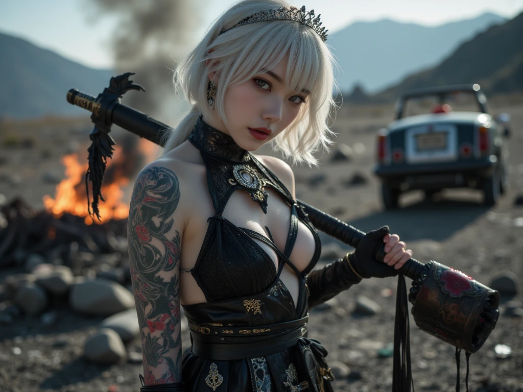 Best quality, masterpiece, big boobs, (large breasts), detailed skin texture, detailed cloth texture, detailed face, super detail, 8k, intricate detail, 1girl, 30 years old, high contrast, high resolution eyes, detailed hair, realistic hair, Korean, blonde short haired, white katana sword, detailed clothes