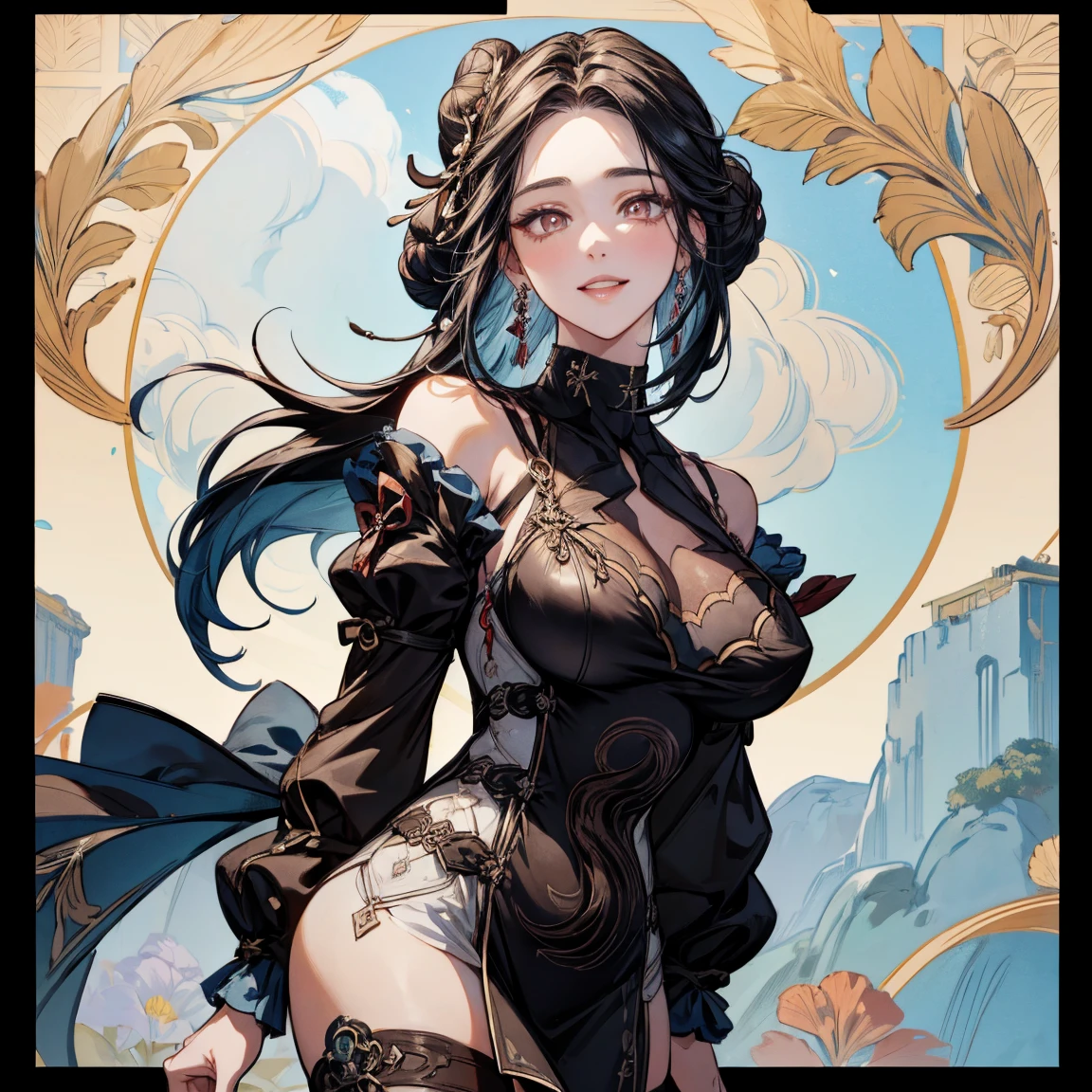 Paintings of Mucha and Vermeer、Woman with bunched hair、Fantastical、an lingerie、lower back