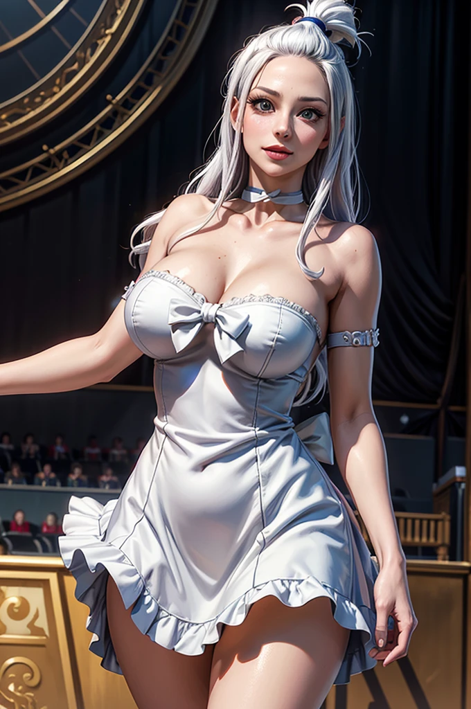 ld woman)) ((bunny girl cosplay)) ((short white hair)) ((silky hair)) ((perfect, ultra realistic eyes)) ((perfect eyelashes)) ((effect with sparkle in the eyes)) extremely sexy body, sensual bunny cosplay, ((sexy short skirt dress, sexy cleavage)), ((ultra quality, ultra detailed, cinema image, perfect lighting, cinema lighting, full HD image, ultra realistic)) , perfect lips, parted lips, cute expression, library, heavy makeup, prancing forward, bunny cosplay, seductive, she is pure seduction, she is also a prostitute