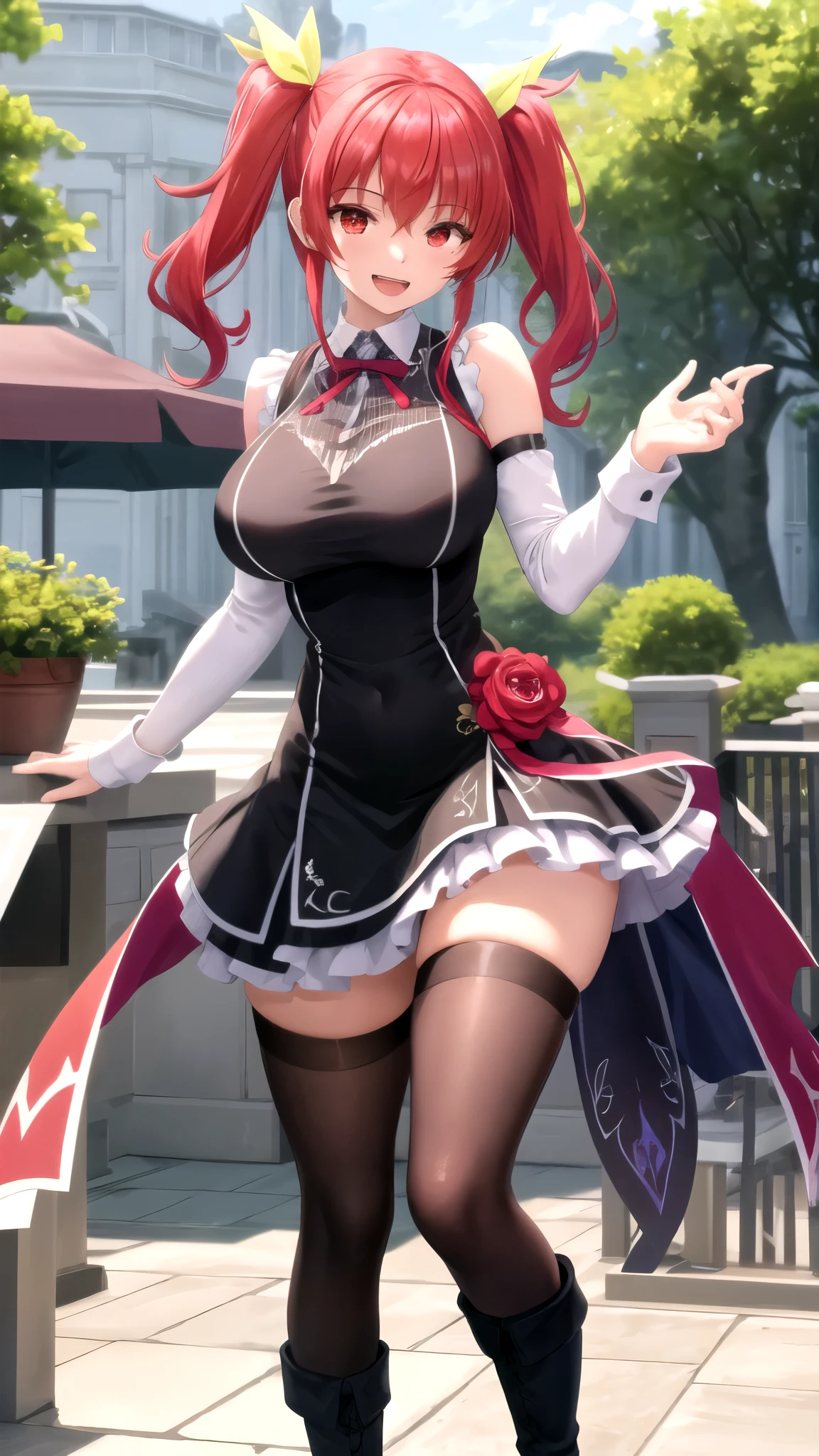 (2heads:1.6), masterpiece, absurdres, best quality, 1boy, androgynous, solo, cute, (white hair:1.2), long twintails, red eyes, big smile, half-closed eyes, tired eyes, red eyes, short, petite, (flat chested), (red hair ribbons), (short black dress:1.1), bare legs, black shoes, ahoge, (thick eyebrows:1.1), beautiful background, turned away from viewer, back, (from behind), (back of head)