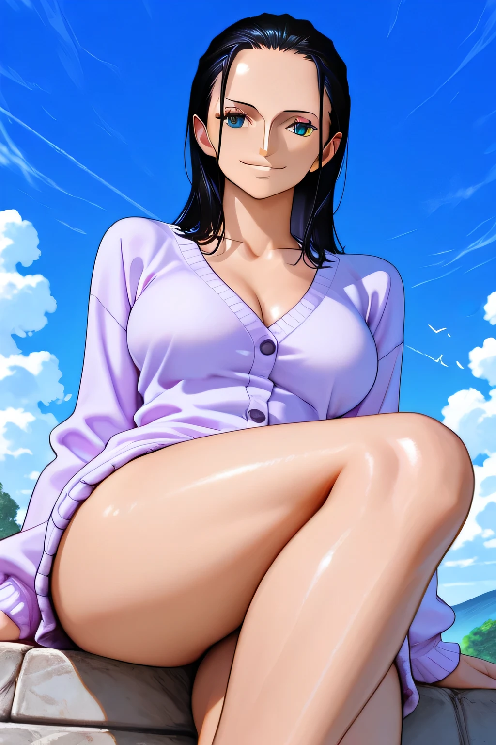 Score_8_up, Score_7_up, break, masterpiece, best_quality ,Ultra-realistic 8k CG,masterpiece,
best quality,amazing quality,hyper-detailed,smile, ニッコリ笑う(hyper detailed background,delicate patterns,intricate-detail),best qualtiy,extremely detailed woman ,((Sexy bare legs:1.19)) ,((One Piece)),((Nico Robin:1.19 )),in a highlights, thick thighs , (cardigan) ,(( perfect eyes:1.19))