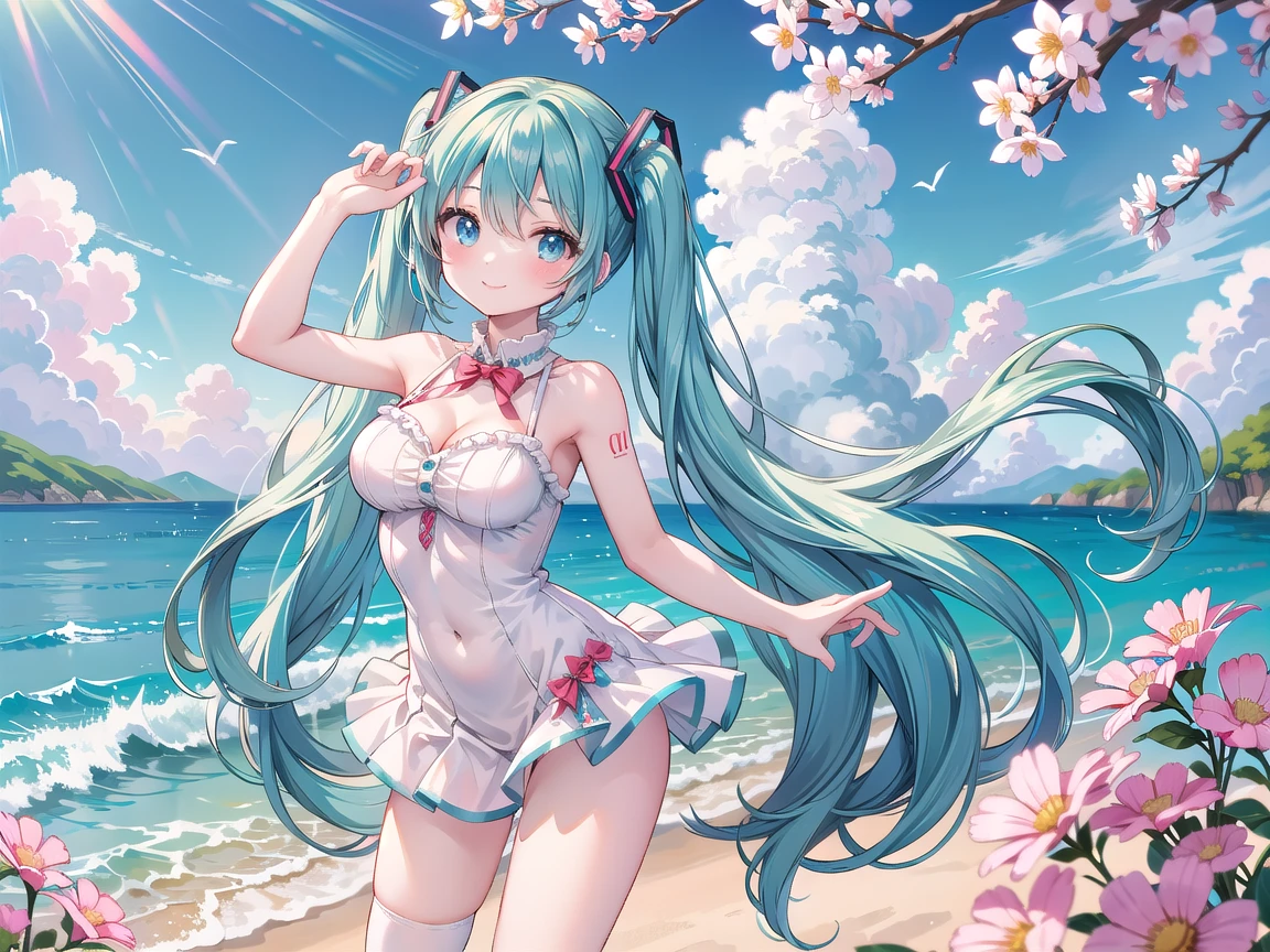 hatsune_miku absurdres commentary highres 1girl aqua_eyes aqua_hair armpits arms_up bikini bikini_skirt breasts fish holding holding_clothes long_hair looking_at_viewer navel open_mouth small_breasts smile solo stomach swimsuit twintails unworn_clothes very_long_hair wading water wet white_bikini nipples torn_closes