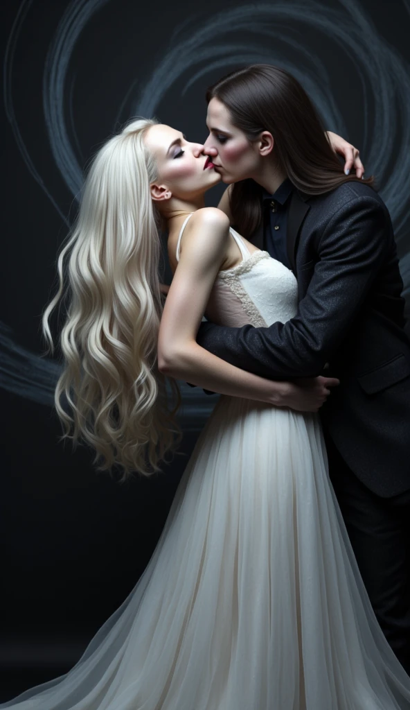 Couple, light-skinned woman with long wavy white hair and tall dark-skinned boy kissing