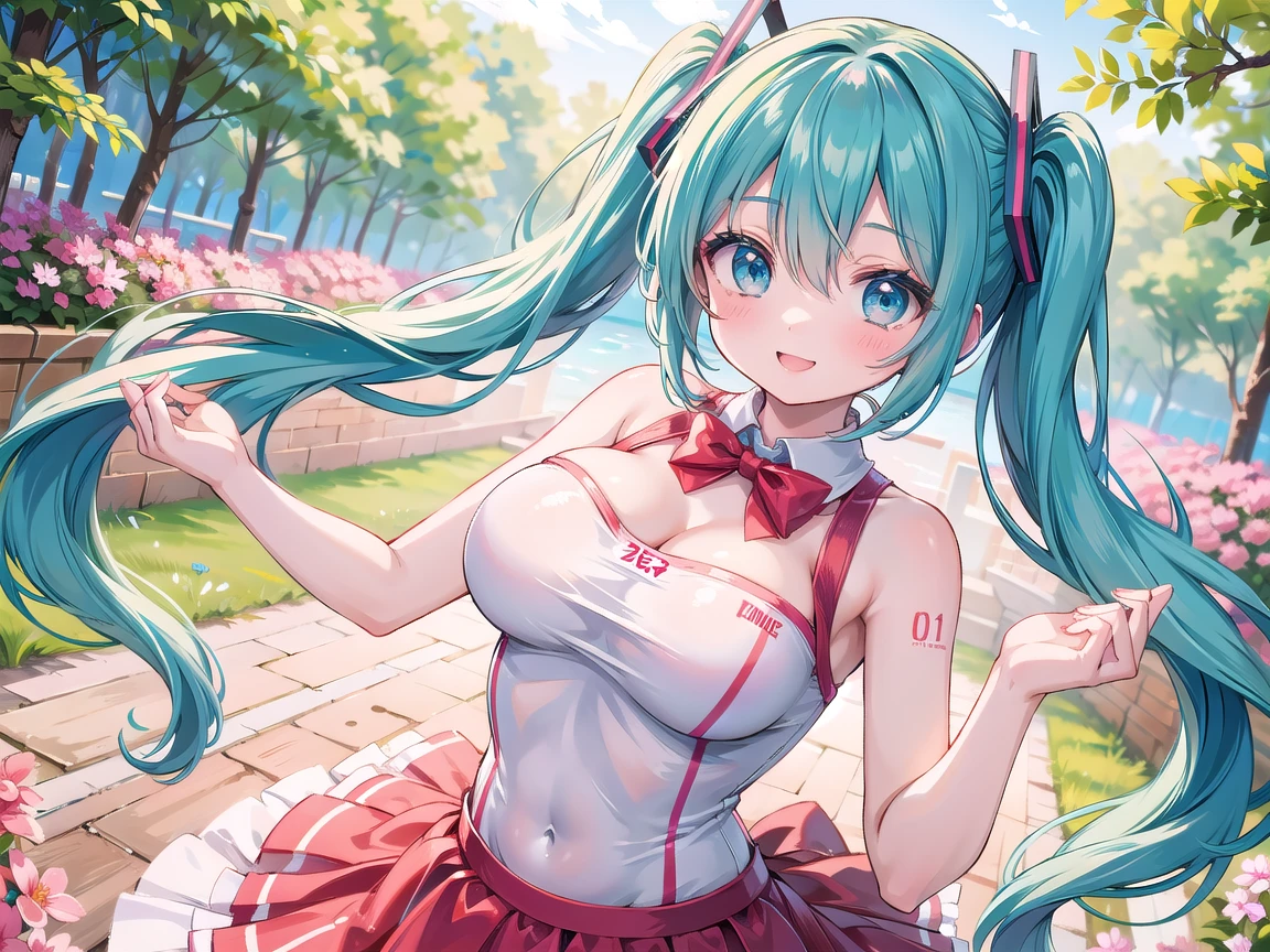 (Personnage de Hatsune Miku), Tosca couleur de cheveux, Longs poils à deux queues avec des poneys, Regarder la vue, Les yeux sur le paysage, Sourire fille de 10 ans, corps parfait, anatomie parfaite, Tosca couleur des yeux, Paupières doubles, énorme seins, clivage,Plan rapproché