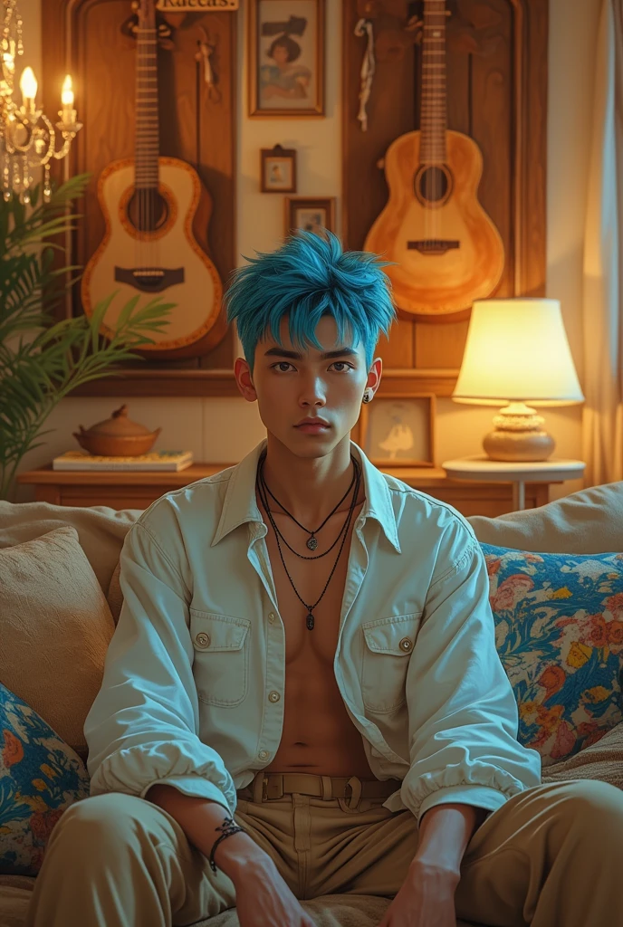 At home sitting at the table having a nice breakfast. Cria um homem de 26 anos, olhos branco, cabelo medio e pouco pra frente de cor azul marinho escuro, with tattoos spread across the body with Korean characteristics. Modern Korean manga art style