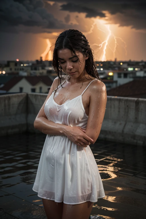 (highest quality、4K、High resolution)、Portrait、Beautifully detailed eyes、Perfectly shaped nose、Full and seductive lips、Shiny wet hair、A visually striking face、Ideal Body Proportions、(Spread your legs)、(Squat)、A feminine and primitive see-through dress、Stand on a rooftop and look out over the city skyline、Tall modern skyscrapers、There was a strong wind blowing.、((Heavy rain is pouring down from the dark clouds:1.6))、(motion blur effect)、Dramatic lightning lit up the sky、My wet clothes were sticking to my body、Standing gracefully and confidently on the rooftop、Dresses fluttering in the wind、Eyes staring straight into the camera lens、It creates a fascinating and powerful connection.、natural breast、