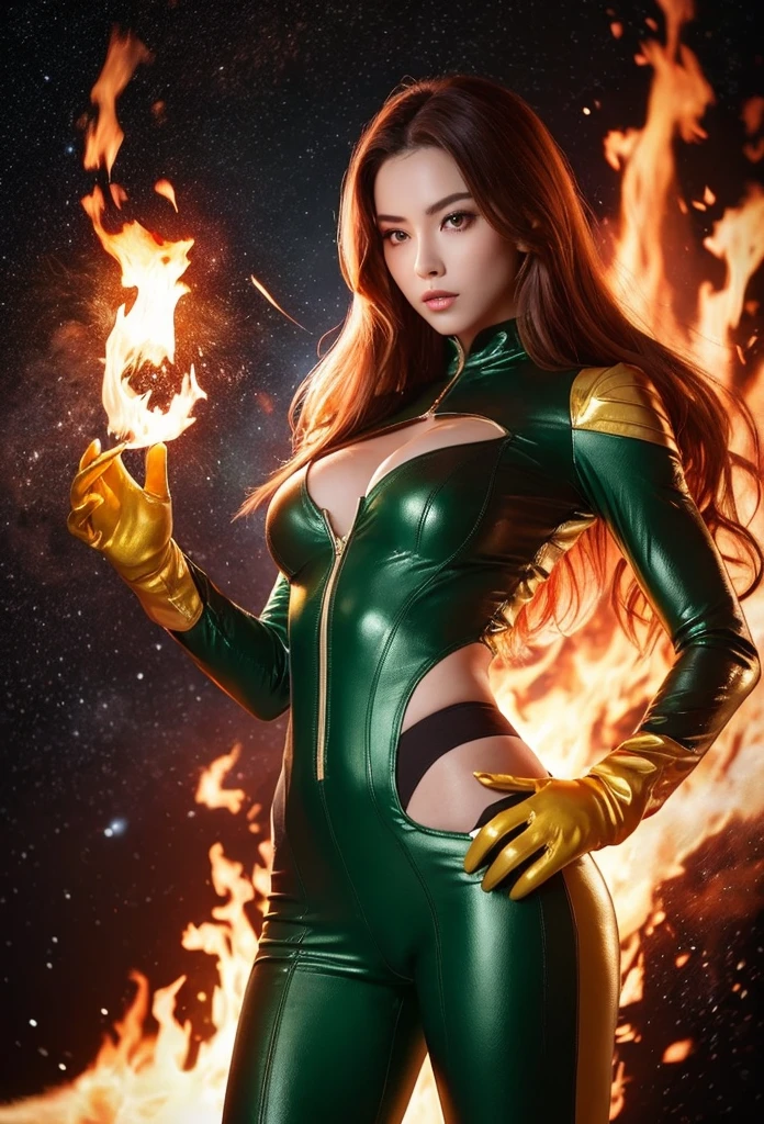 starfire from teen titans, Starfire heroina de DC, great heroine, woman with bright green eyes, Red-hair, pose de great heroine, half body, long legs, nice shape, beautiful abdomen, beautiful woman, nice features, space setting, Long hair, starfire. jennie blackpink, Jennie Kim, starfire