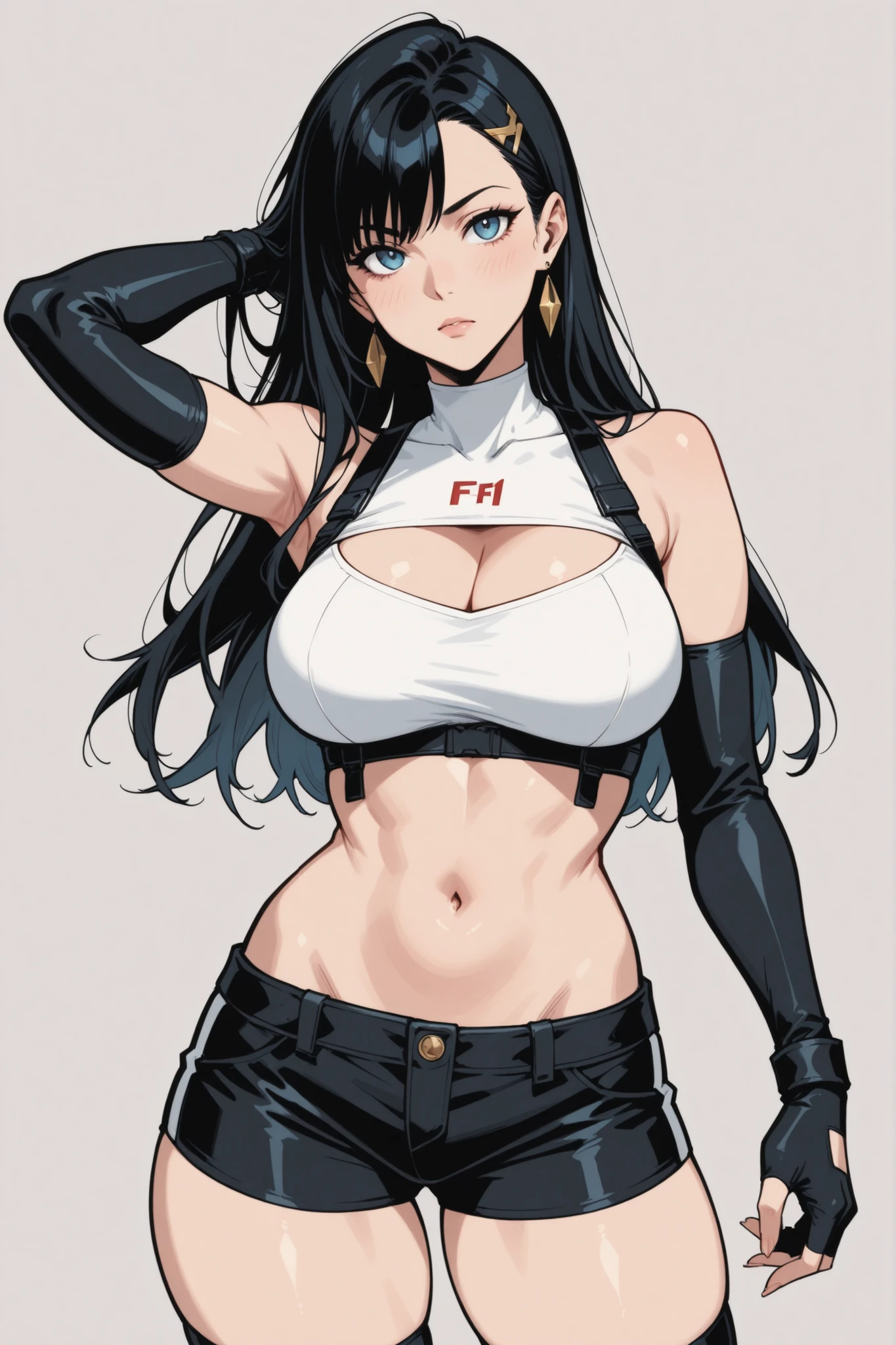 1 milf, ponytail hair, wearing crop top, shy, wearing glasses, wearing gloves, tattoos on the stomach