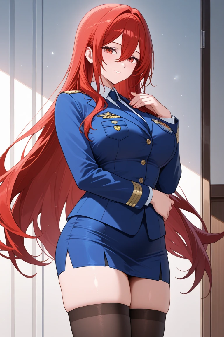 Red_Hood \\(Nikke)\\, Military uniform, (Big breast, Detailed retina, Red hair, ponytail), 4k, winning award, cyber horn, high rank officer, sitting in the office, looking to the viewer