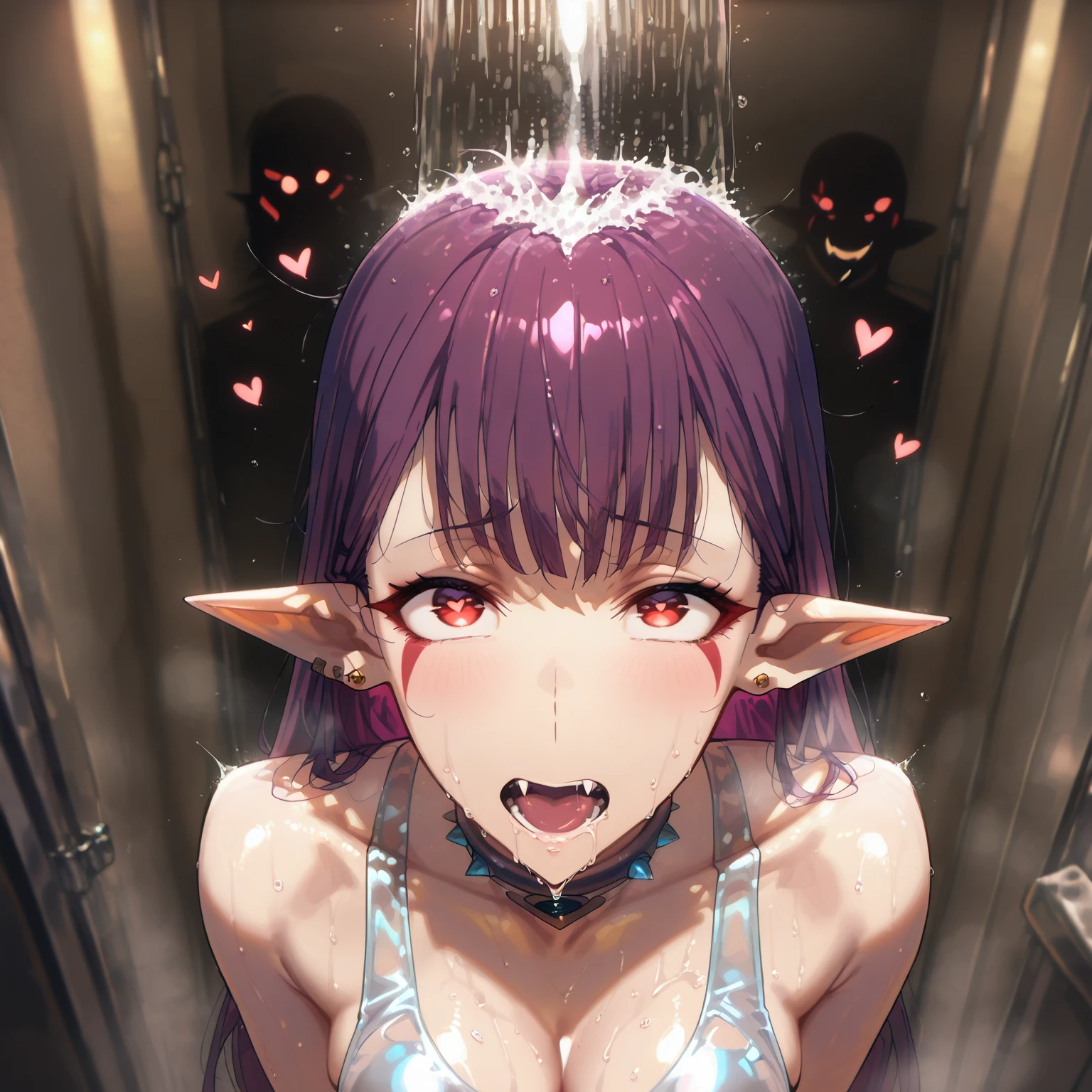 (hews art style:0.7), (hero neisan art style:0.7), score_9, score_8_up, score_7_up, score_6_up, score_5_up, score_4_up, uncensored, black hair, red eyes, purple lipstick, hair between eyes, long hair, short pointy ears, pale skin, BREAK (masterpiece:1.2), best quality, high resolution, (detailed eyes:1.3), perfect lighting, (perfect hands, perfect anatomy), hearts, pleasured, Expressiveh, 1girl, beautiful, sexy, cute, highres image, masterpiece, perfect face, worried, moaning, clenched teeth, in a hot shower stall, face against glass, one leg raised, cheek against glass, nude, dark nipples, dark areola, running water, steam, grunting, wet skin, forced pleasure, steam vapor, fog, large breasts, mature body, excessive pubic hair, nsfw