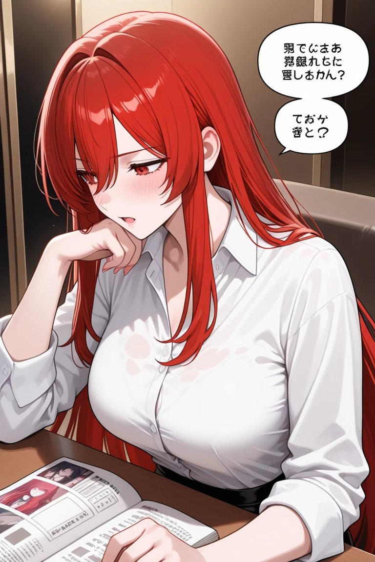 masterpiece,high resolution,Anime Art,Anime Numbers, 4k anime wallpaper,Soft Light,Solitary,Looking at the audience,Looking at the camera,1 anime girl,Lying down,Red hair, Braided long hair,(Bright Eyes: 1.4), (Golden Eyes: 1.3), Dilated pupils,A cold expression,Firm chest,Big breasts,White shirt,Black Tie,Black hip skirt,Black pantyhose,black background