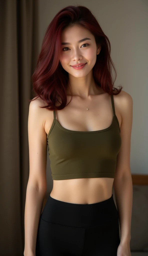 masterpiece,Highest quality,1 Girl,delicined face, 前hair, just_arm, just_shoulder, green_eye, clavicle, (high resolution:1.48)、(Stylish girl:1.48)、(Beautiful Abs:1.48)、(My breasts are too big and my clothes are too tight:1.48)、(A slim, well-toned body:1.48)、cowboy_shot, crop_superior, High leg, High leg, length_hair, looking for_in_peeping in the viewer, belly button, Realistic, 一人in, Are standing,