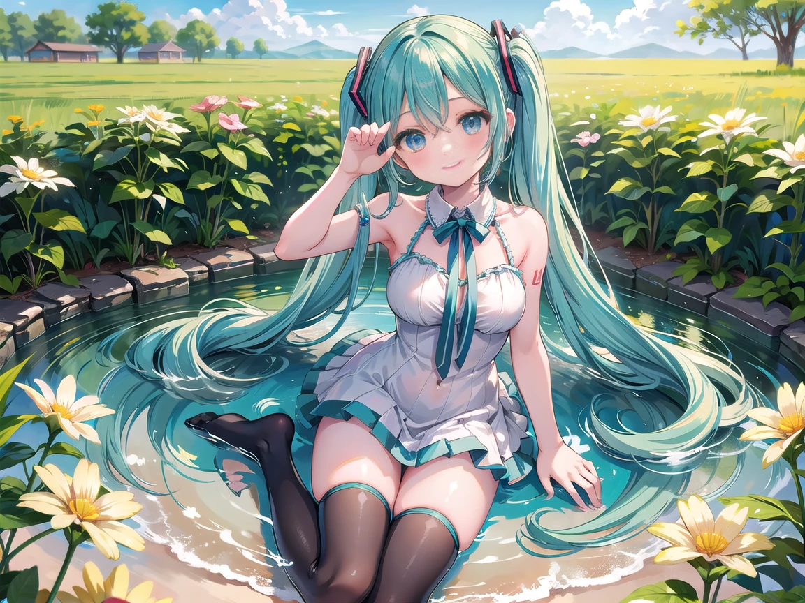 Seios grandes Hatsune Miku，electronic singer，cabelo verde，Ombros nus，uma saia preta，mangas pretas，(Blusa de cor branca)，Roupas brancas，8k，A high resolution，olhos verdes，fundo do concerto，No local do concerto，em concerto，Only beautiful thighs are exposed，the clothes are white，appear on the arm is 01，The number is 01，fundo brilhante，Leaves&#39;, cabelo de alta qualidade 8k ，The eyes of the anime heroine，Olhos de detalhes ultraelevados，olhos de alta qualidade，gravata longa，The length of the tie is thirty cm，Olhos de alto detalhe , and in panties and bra, full body wet from the rain 