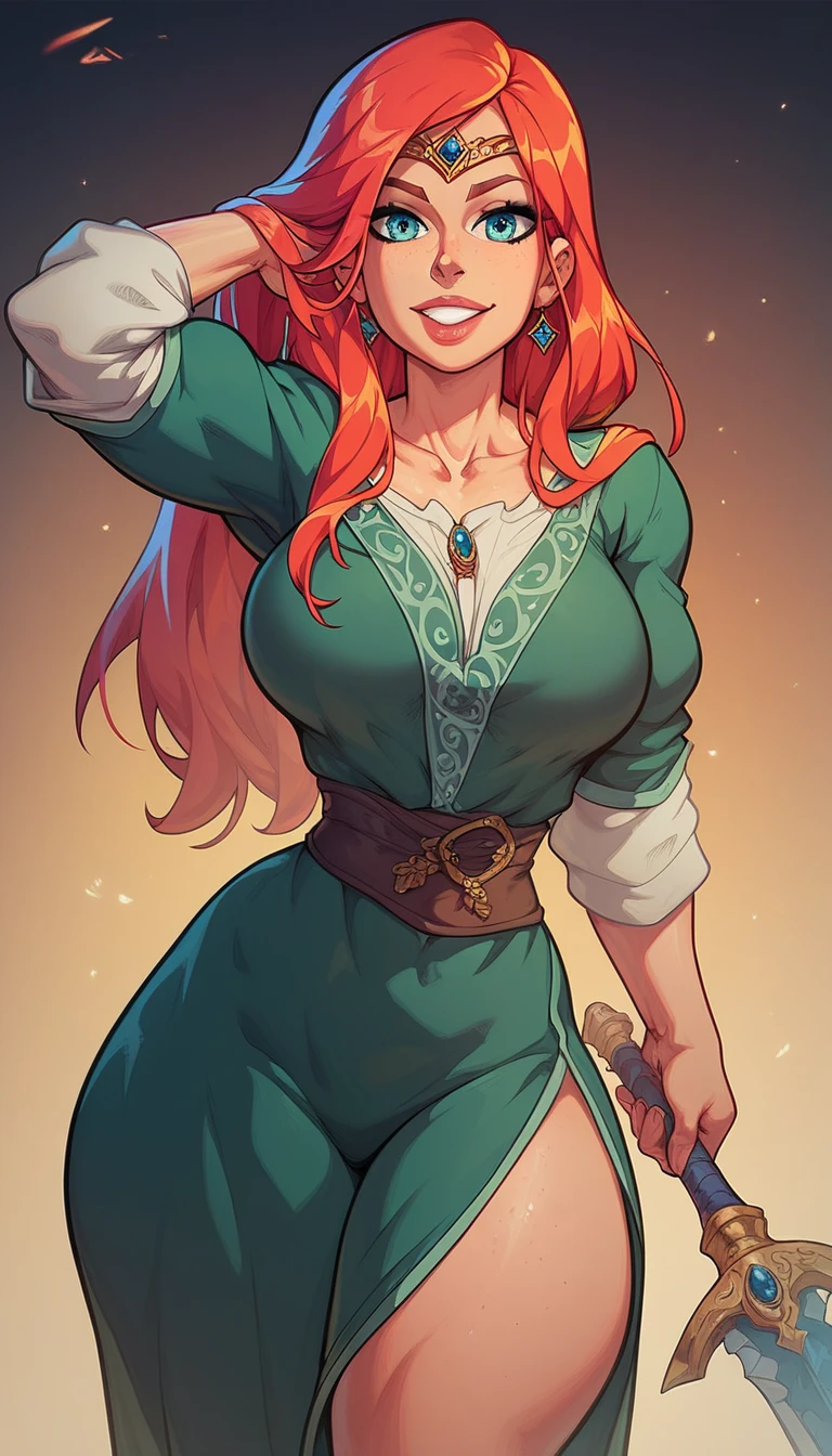 (MeridaWaifu:1), 1girl, smile, :D, sexy pose, looking at viewer, (dress:1), from below, magic, (running), (big breasts), curvy, open clothes,
(realistic:1.2), (realism), (masterpiece:1.2), (best quality), (ultra detailed), (8k, 4k, intricate),(full-body-shot:1),(Cowboy-shot:1.2), (85mm),light particles, lighting, (highly detailed:1.2),(detailed face:1.2), (gradients), nsfw, colorful, (detailed eyes:1),
(detailed ladscape, castle, fild, grass, mountains, flowers:1.2), (sky, clouds:1.2),(detailed background),detailed landscape, (dynamic angle:1.2), (dynamic pose:1.2), (rule of third_composition:1.3), (Line of action:1.2), wide shot, daylight, solo,
<lora:MeridaBrave_character-20:0.7>