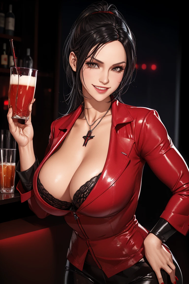 Clothes that hide cleavage portrait of eletric sinclair sitting at a bar in an android nightclub, wearing a red leather jacket, with an evil grin, (masterpiece),(best quality),(detailed),(8k),(highres),(wallpaper),(cinematic lighting),(sharp focus),(complex)