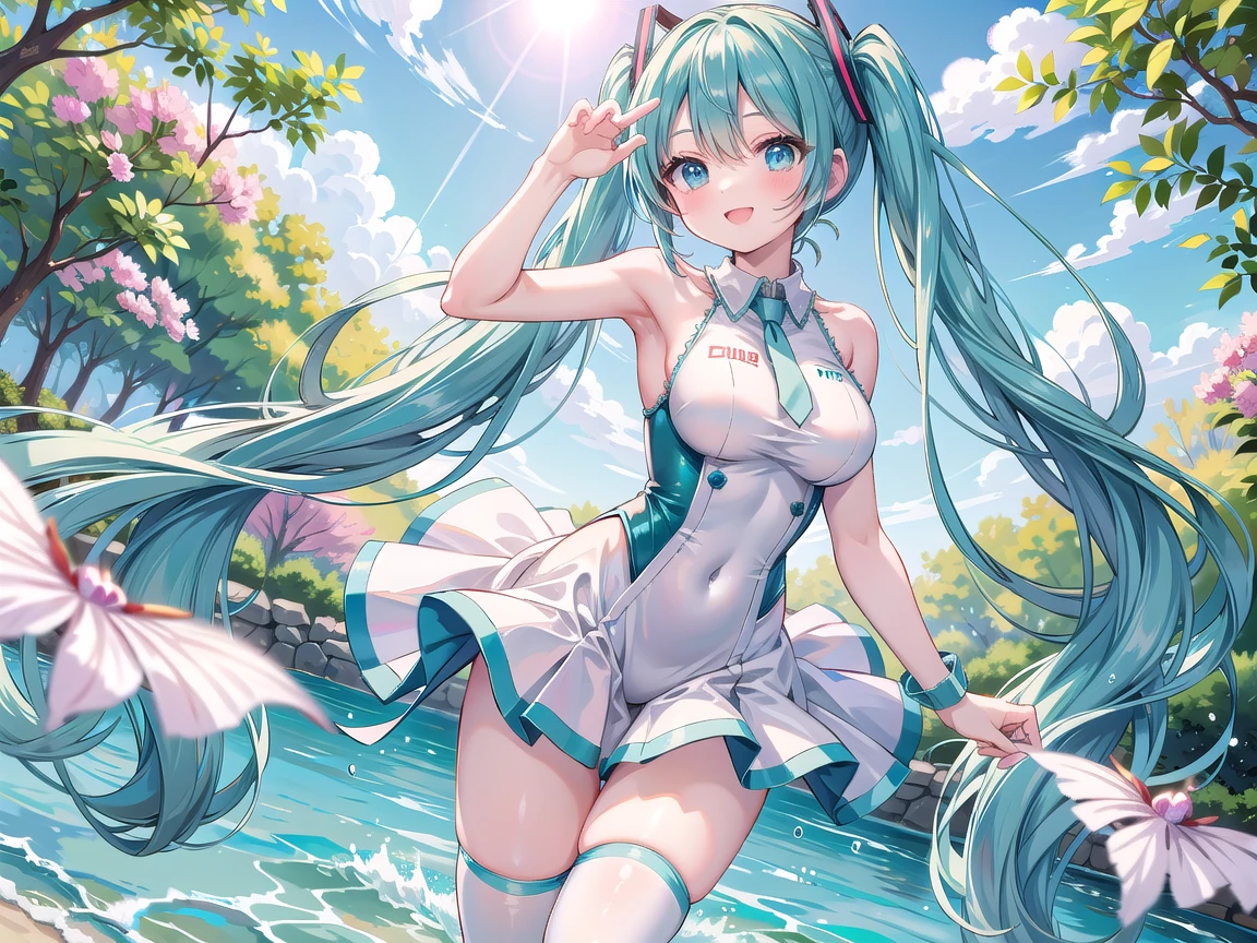 Hatsune Miku catching salmon in the river