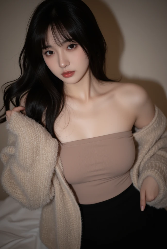((best quality)), ((Masterpiece)), ((error-free)), (details), perfect face, human, purple-gray eyes, woman, smile, Black high neck body suit, Tall, black short skirt, long hair, white skin, big breasts, Long black stockings that completely covered her thighs. ,purple-gray hair, lying in bed, A mole under her right eye, Red cheeks, Purple knitted sweater off shoulder, cute, Red beret, black glove on right hand, purplish grey hair color, Painting brush