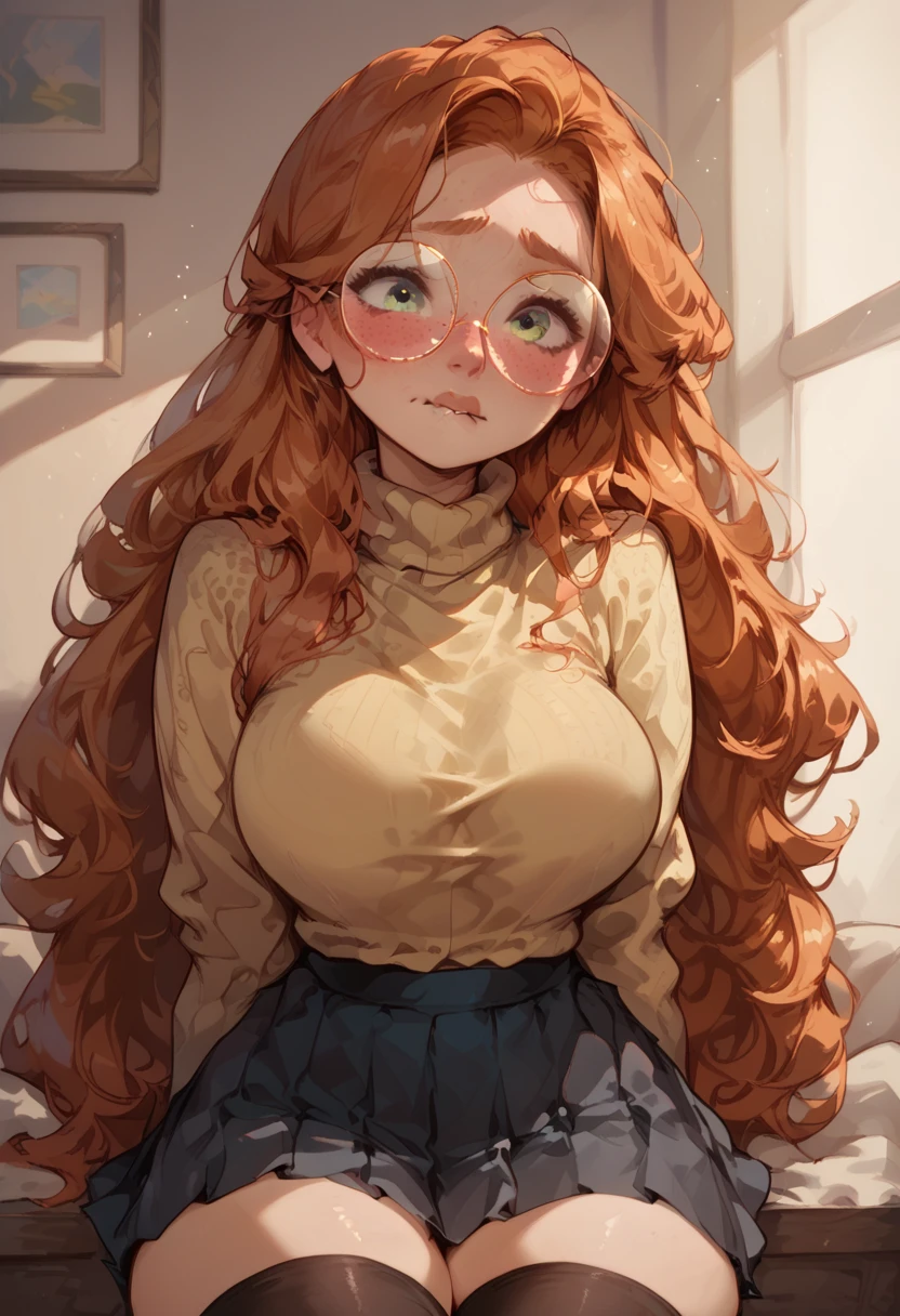 cute red head, solo, half body, long ginger hair, , wide , blush, shy, yellow turtleneck sweater, black pleated skirt, black stockings, indoor