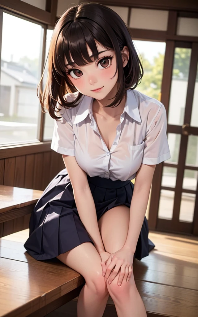 Photorealistic, Beautiful, Asian, , wearing short sleeveless white blouse, smiling brightly, wearing white thigh highs, wearing white heels, wearing black miniskirt, long black hair tied back with a pink bow, sitting on corner of office desk in an executive office suite, extreme detail, 8k, wallpaper, ultra realistic skin